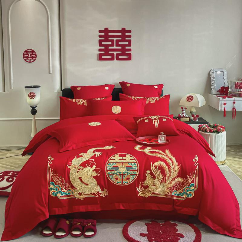 舒尊客||婚庆四件套全棉喜庆结婚龙凤爱心床上用品品喜被新婚大红
