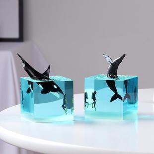 海洋树脂5厘米立方体鲸鱼座头鲸摆件迷你夜光小夜灯生日礼物饰品