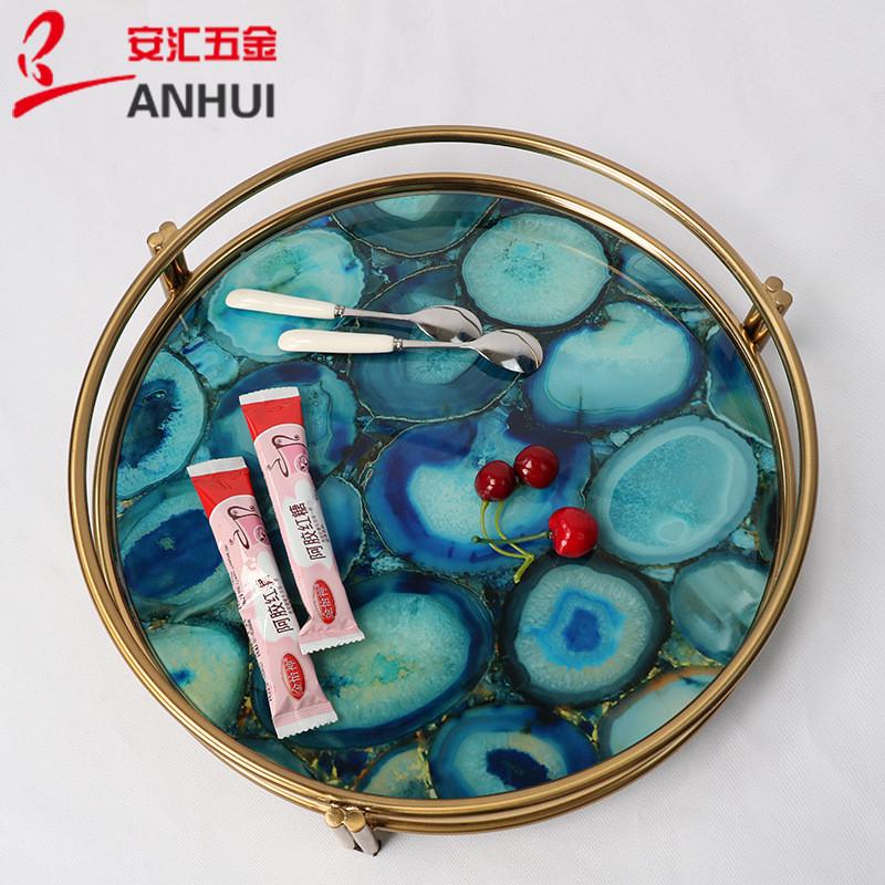北欧轻奢电镀金玻璃收纳茶具展示盘样板间摆件盘子托盘底盘蓝玛瑙