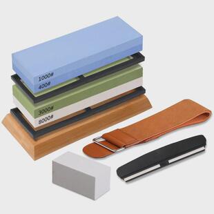 400/10003000/8000双面白刚玉磨刀石套装带底座家用精磨油石条