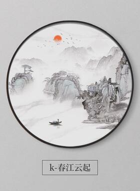 新中式装饰画办公室圆形入户玄关茶室挂画山水画禅意客厅画水墨画