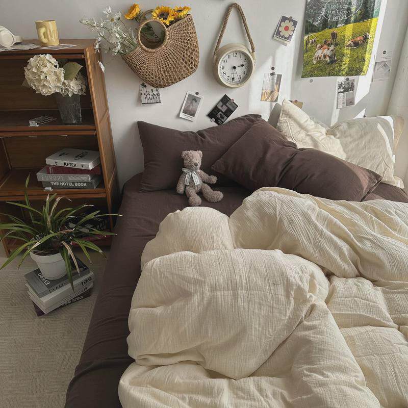 简约超软水洗棉奶油色学生宿舍床上四件套ins混搭床单被套三件套