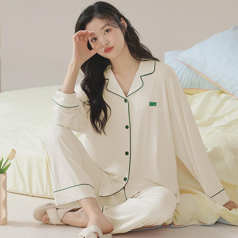 睡衣女纯棉春秋季长袖2024款女士大码纯色秋冬家居服套装可外穿
