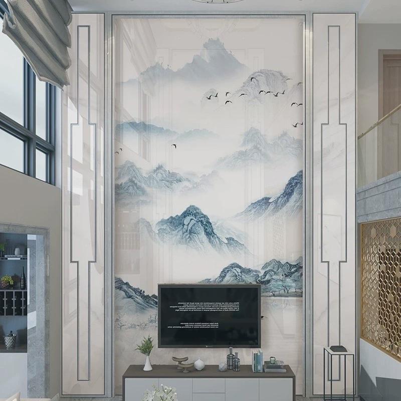 板别墅客厅电视背景墙微晶新中式山水画岩复式楼人造大理石影视墙