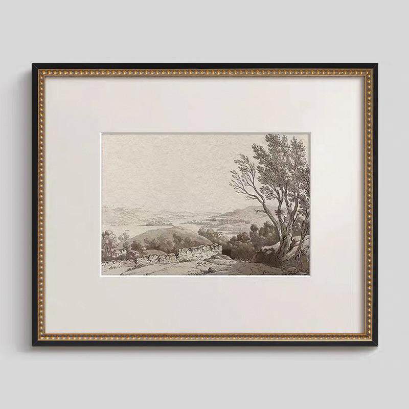 风景素描餐厅法式黑白复古客厅装饰画美式中古风版画玄关走廊挂画