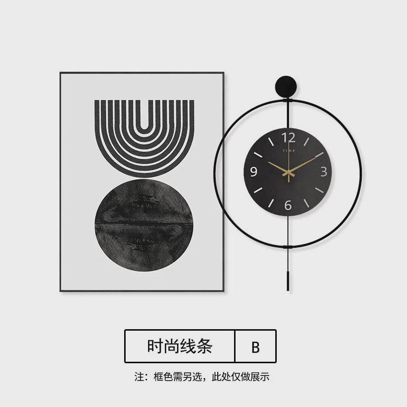 餐厅装饰画现代简约抽象画黑白挂钟壁画带钟表客厅饭厅挂画高级感
