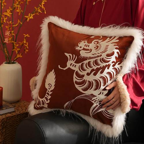 热销新年抱枕床头靠垫新中式龙年抱枕套绒布轻奢腰靠手把手教你搭