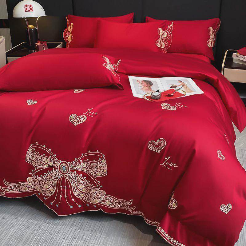 高档婚庆四件套红色刺绣被套结婚婚床新婚中式陪嫁喜庆床上用品