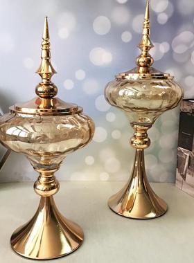 欧式玻璃糖果罐金属工艺品摆件客厅家居储物罐圆形创意装饰收纳瓶