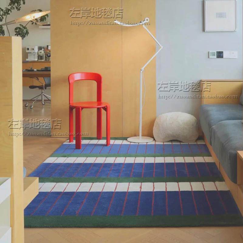 a947复古条纹蓝色多巴胺分贝地毯客厅茶几卧室床边书房衣帽间手工