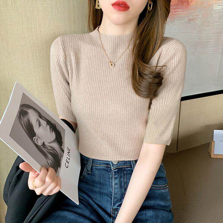 春秋中袖衫女薄款内搭半高领打底衫2025新款五分袖薄