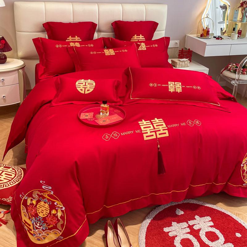 婚房高档婚庆四件套大红色床单床笠被套刺绣结婚陪嫁中式床上用品