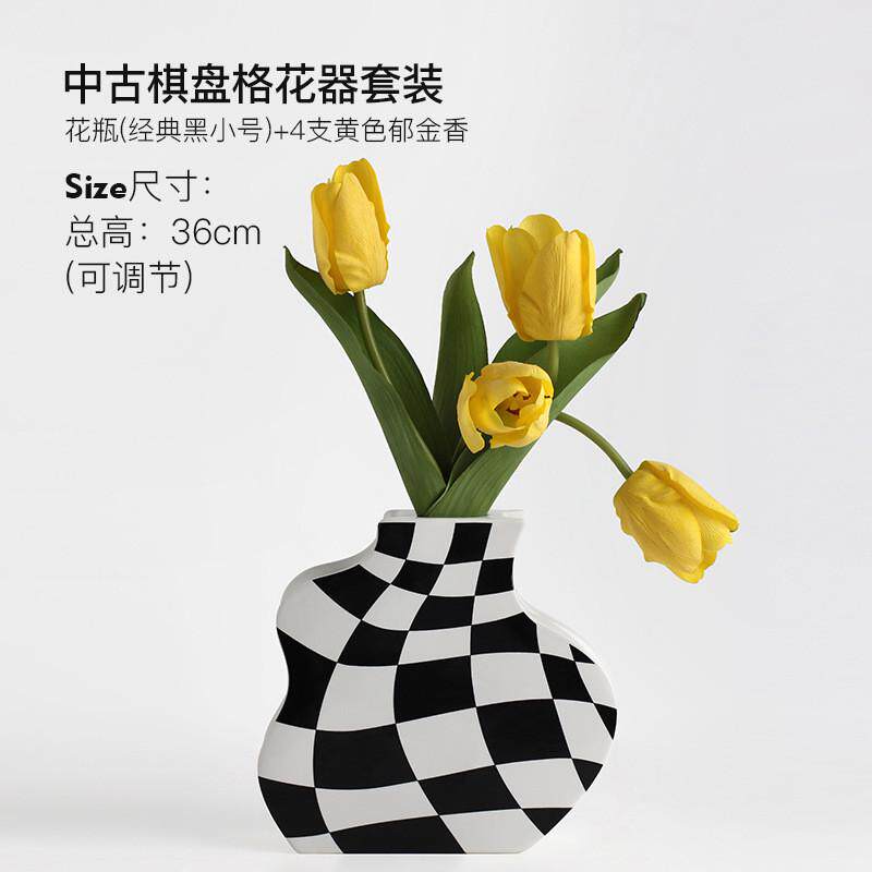 ins插花花瓶棋盘格陶瓷花瓶客厅卧室水培简约家居装饰品摆件批发