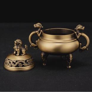 龙凤黄铜香炉象足中式狻猊带盖铜香炉双龙家用摆件工艺品三足鼎