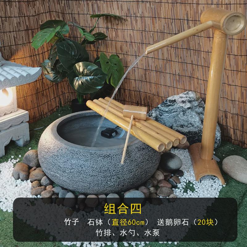 石钵日式流水惊鹿摆件青石石盆水钵花园庭院别墅水景装饰石雕竹子
