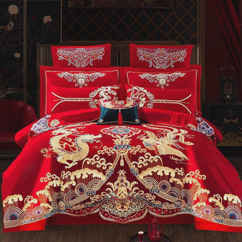 婚庆四件套喜被大红简约刺绣新结婚房嫁礼床笠单床上用品