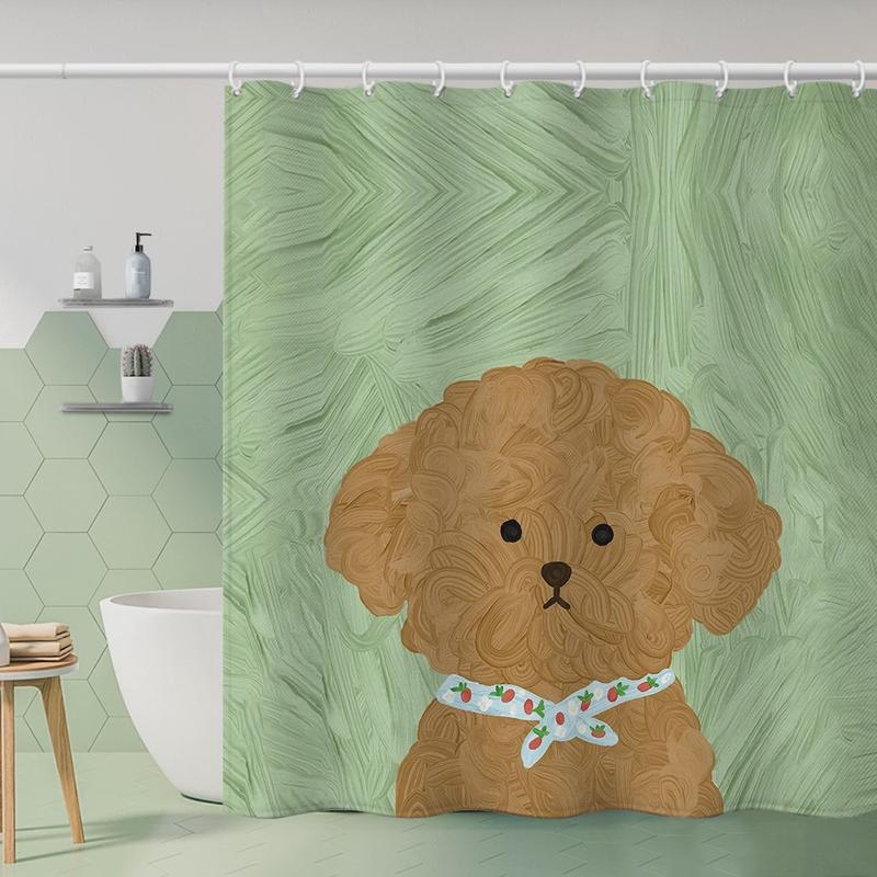 油画小狗浴帘免打孔套装窗帘浴室防水布帘卫生间干湿分离隔断门帘
