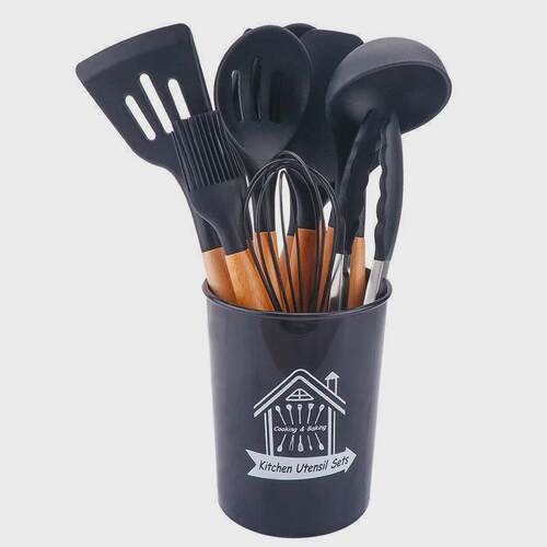 现货硅胶桶装木柄硅胶厨具12件套收纳厨具套装不粘锅锅铲汤勺套装