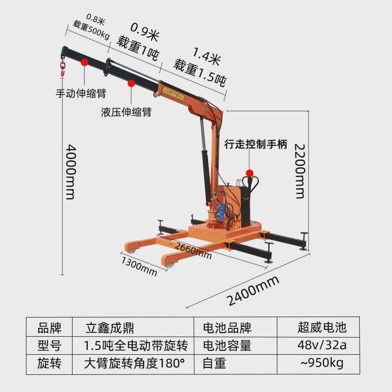 2吨全电动吊机移动式伸缩起重机折叠液压装卸吊车24V车载随车吊机