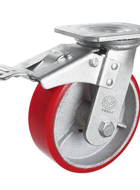 重型脚轮8寸边刹铁芯红色聚氨酯耐磨耐压耐承重红色脚轮pu材质