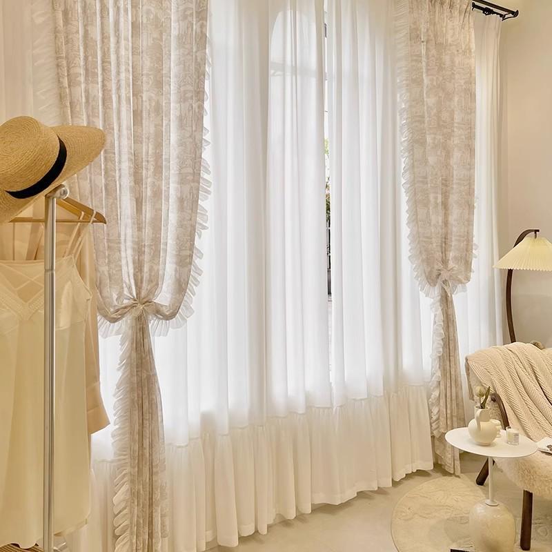 热销法式印花蕾丝纱帘单挂窗帘批发双层高端窗纱绍兴柯桥成品梦幻