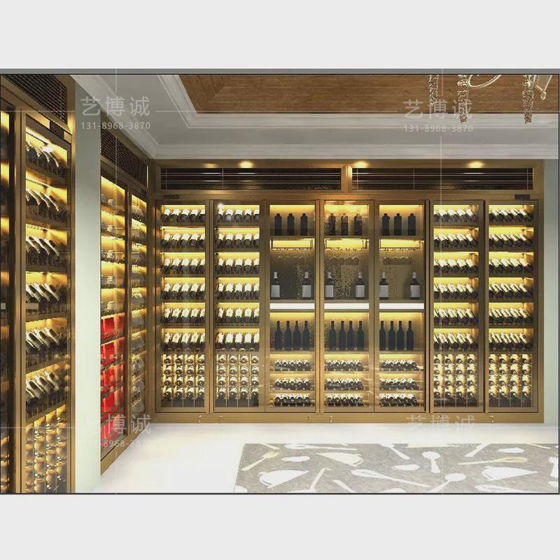 别墅高档斜放红酒展示柜定制酒窖酒行各种钛酒架不锈钢酒柜金