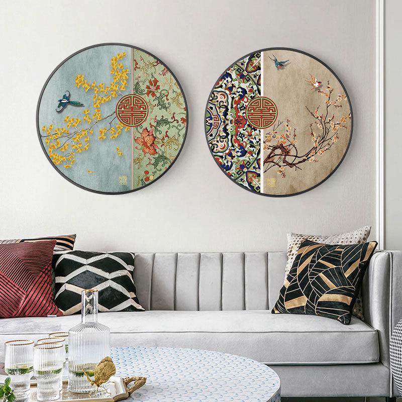 新中式实木圆形挂画玄关楼梯拐角装饰画中国风荷花富贵花鸟画图片