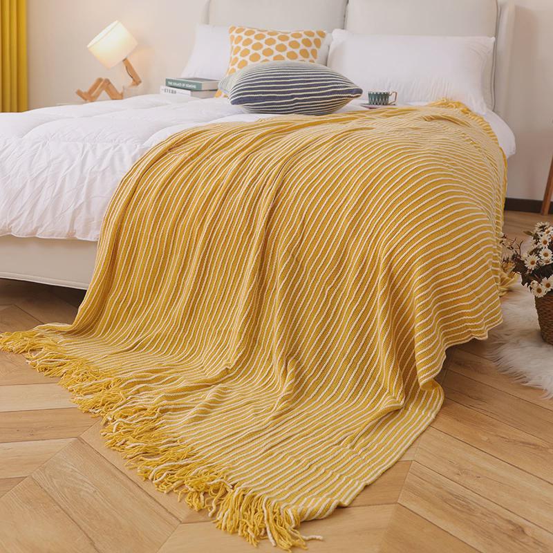 alj6现代简约条纹装饰毯床尾巾休闲毯流苏时尚抱枕民宿搭毯酒店床
