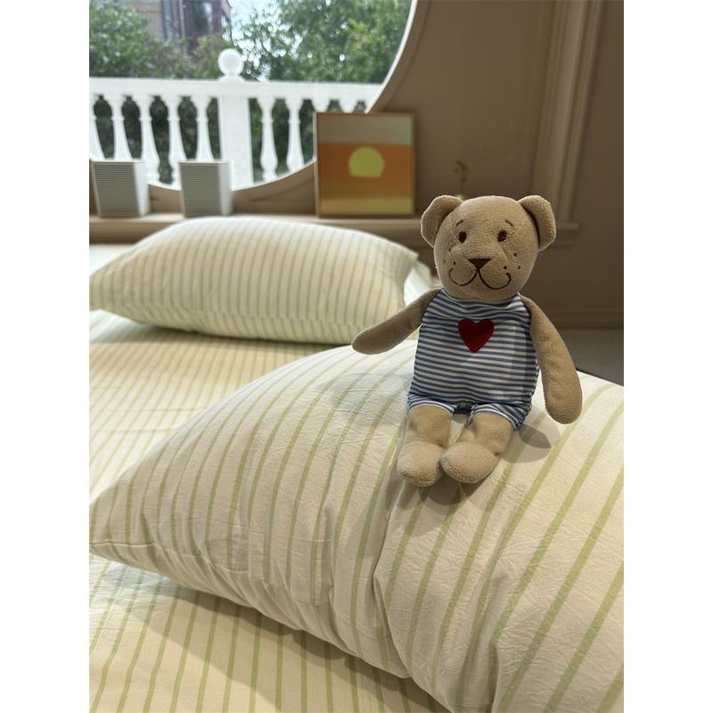 韩系奶油绿条纹床笠床单单件保护套1.35m1.5米纯棉宿舍床罩少女心