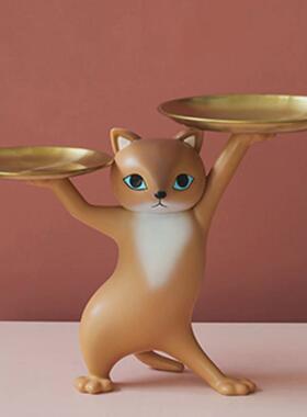 现货动物摆件妖娆猫托盘收纳客厅玄关桌面家居装饰摆件树脂工艺品