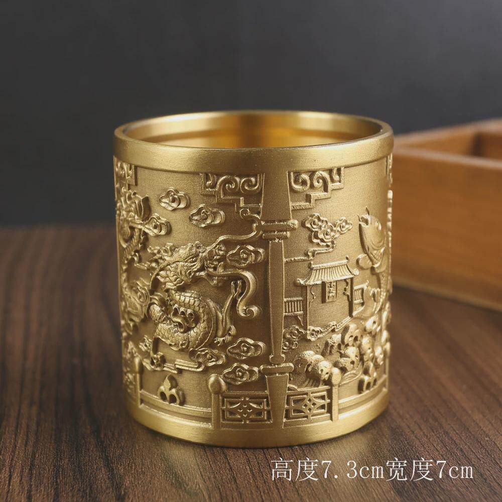 黄铜龙凤呈祥福笔筒摆件创意装饰桌面百笔筒雕刻纯铜器金属工艺品