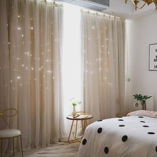 窗帘女生卧室租房专用遮光窗帘挂钩式滑轨纱带双层公主风小型短款