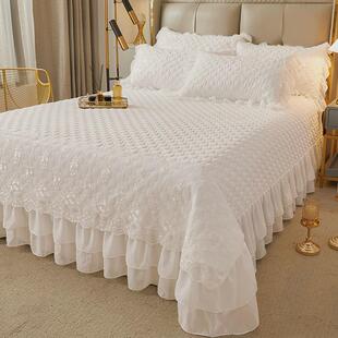 z655韩式纯色夹棉蕾丝花边床盖单件加厚床单三件套公主风四季