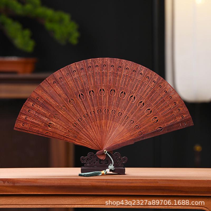 阿根廷绿檀小叶血檀天然木香苏扇折扇古风镂空礼盒批发送礼木扇