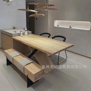 北欧实木餐桌家用现代简约客厅大板桌白蜡木长方形原木饭桌椅组合