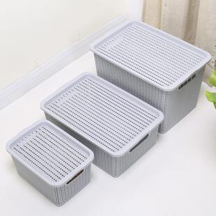 收纳箱手提藤编塑料带盖杂物零食玩具车载储物箱整理箱大号收纳盒