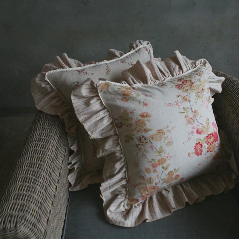 q*亚麻印花不含芯抱枕套方枕套靠垫套带荷叶边荷叶边单只价卡