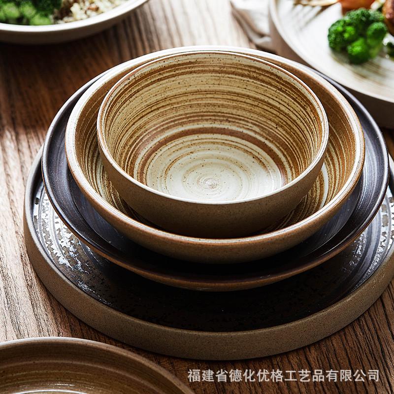 日式陶瓷碗盘碟创意复古粗陶吃饭碗菜盘手工盘家用鱼盘牛排盘子
