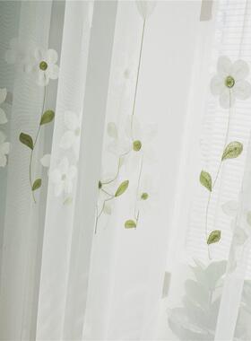 窗帘白色ins绣花魔术贴自粘贴薄纱客厅隔断阳台纱帘窗纱飘窗成品
