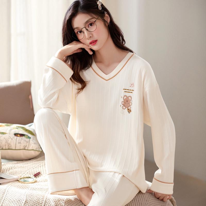 现货睡衣女春秋季纯棉韩版大码长袖两件套装休闲夏秋冬款家居服可