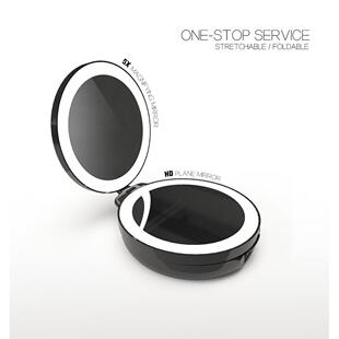创意led伸缩光随身折叠镜子可补圆形三折镜带灯便携旅行化妆镜