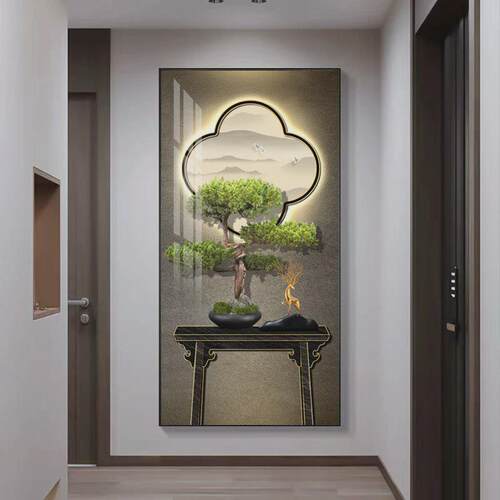 现代轻奢新中式挂画生财装饰画入户过道流水民宿酒店石来运转壁画