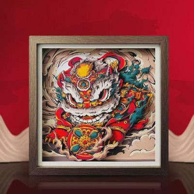 中式胡桃木实木展示框金舞狮剪纸装裱展示立体中空相框摆台画框框