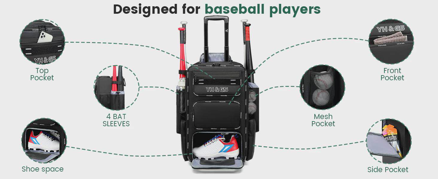 аксессуары для бейсбола 带栅栏钩的轮式垒球袋用于棒球棒和设备带鞋仓的轻型棒球拉杆箱