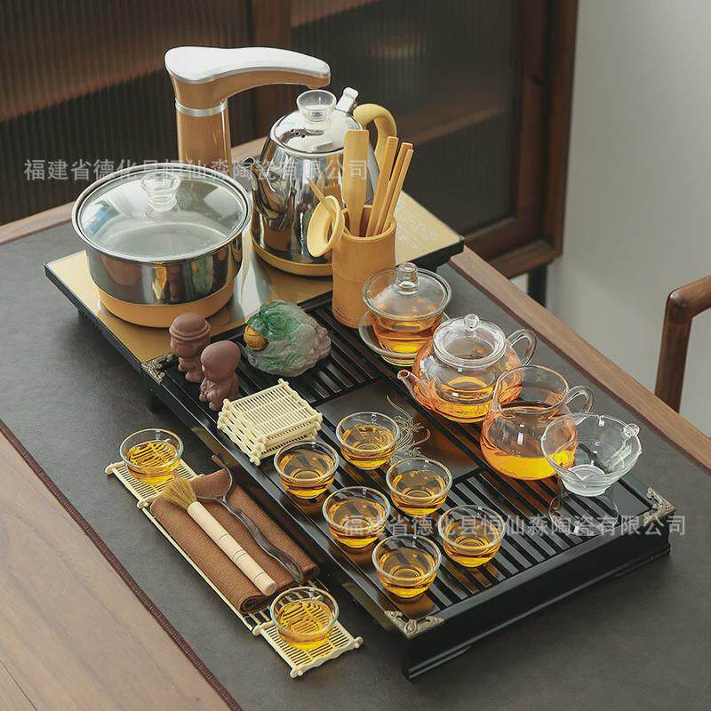 柯木功夫茶具套装家用整套喝陶瓷紫砂茶台茶海实木茶盘茶道全自动