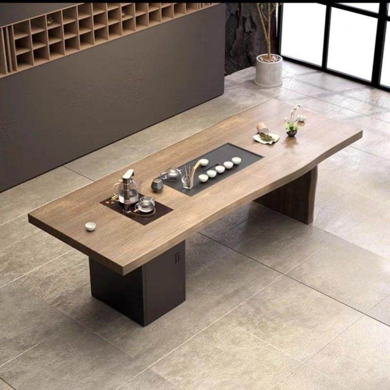 新中式大板桌椅组合现代简约家用嵌入一体式功夫茶台全实木茶几