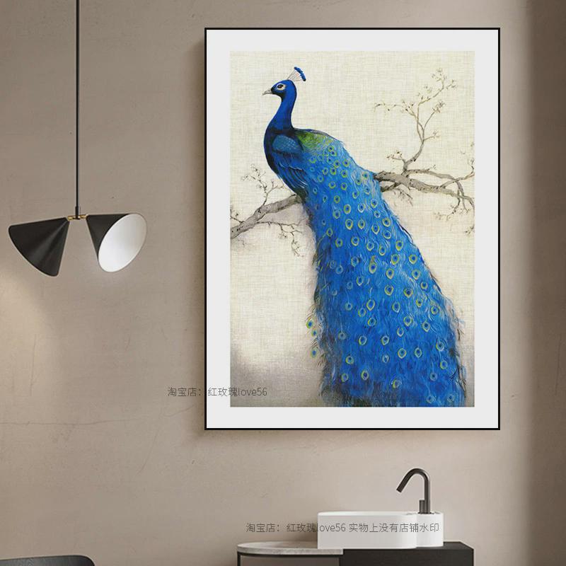 新中式风格玄关装饰画绿孔雀客厅挂画书房卧室床头背景墙壁有框画图片