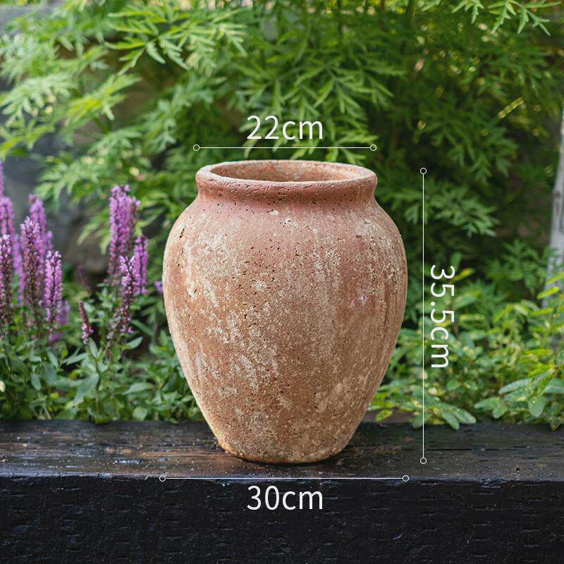 水泥花盆大号圆形装饰庭院摆件落地仿古粗红陶花园花器绿植盆