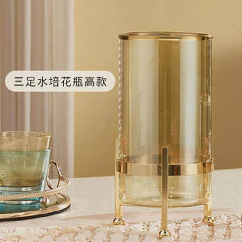 欧式美式装饰品简约风干花插花透明五金玻璃水培花瓶餐桌摆件