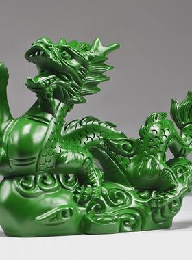 绿色木制飞龙摆件实木质青龙雕刻木头龙装饰品补角客厅工艺品家居